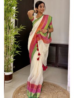 Mysilklove - Jasmine White Mul Mul Cotton Kanchi Border Saree with Unstitched Blouse