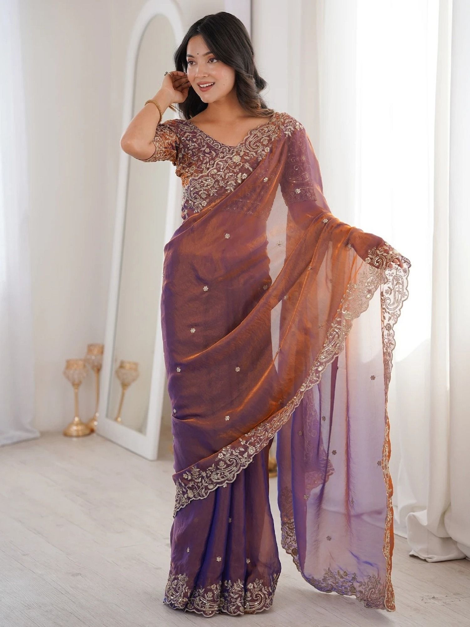 Copper Embellished Saree with Unstitched Blouse-image-5