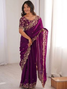 PMD FASHION - Purple Embellished Saree with Unstitched Blouse
