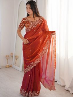 PMD FASHION - Orange Embellished Saree with Unstitched Blouse