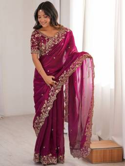 PMD FASHION - Pink Embellished Saree with Unstitched Blouse
