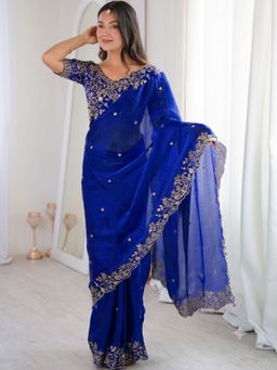 PMD FASHION - Royal Blue Embellished Saree with Unstitched Blouse
