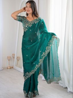 PMD FASHION - Rama Embellished Saree with Unstitched Blouse