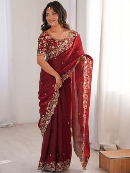 PMD FASHION - Maroon Embellished Saree with Unstitched Blouse