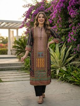 FASHOR - Ethnic Floral Foil Printed and Embroidered Straight Kurta