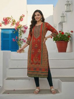 FASHOR - Ethnic Printed and Mirror Embroidered Straight Kurta