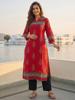 FASHOR - Ethnic Floral Printed Embroidered Straight Fit Kurta