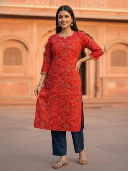 FASHOR - Bandhani Printed Embroidered Straight Fit Kurta