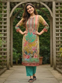 FASHOR - Floral Printed Embroidered Straight Kurta