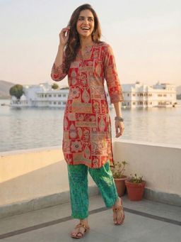 FASHOR - Ethnic Floral Printed and Embroidered Straight Fit Kurta