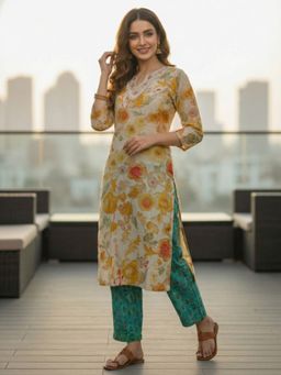 FASHOR - Floral Foil Printed and Embroidered Straight Fit Kurta