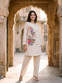 KAFTANIZE - Beige Floral Embroidered Co-Ord Set