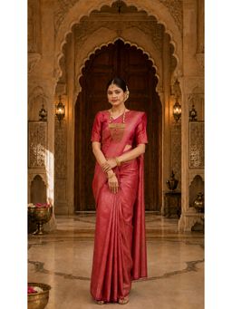 AMRUTKALA SAREES - Red Designer Banarasi Silk Kanjivaram Solid Saree with Unstitched Blouse