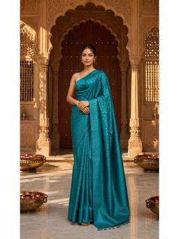 AMRUTKALA SAREES - Teal Designer Banarasi Silk Kanjivaram Solid Saree with Unstitched Blouse