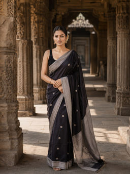 AMRUTKALA SAREES - Black Designer Banarasi Silk Kanjivaram Solid Saree with Unstitched Blouse