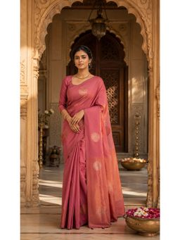 AMRUTKALA SAREES - Peach Designer Banarasi Silk Kanjivaram Solid Saree with Unstitched Blouse