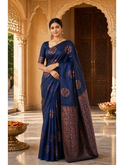 AMRUTKALA SAREES - Navy Blue Designer Banarasi Silk Kanjivaram Solid Saree with Unstitched Blouse