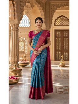 AMRUTKALA SAREES - Teal Designer Banarasi Silk Kanjivaram Solid Saree with Unstitched Blouse