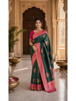 AMRUTKALA SAREES - Green Designer Banarasi Silk Kanjivaram Solid Saree with Unstitched Blouse