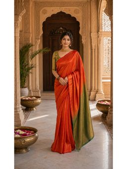 AMRUTKALA SAREES - Orange Designer Banarasi Silk Kanjivaram Solid Saree with Unstitched Blouse