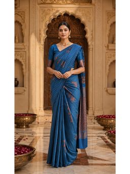 AMRUTKALA SAREES - Blue Designer Banarasi Silk Kanjivaram Solid Saree with Unstitched Blouse