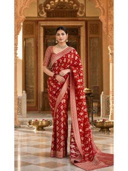 AMRUTKALA SAREES - Red Designer Banarasi Silk Kanjivaram Solid Saree with Unstitched Blouse