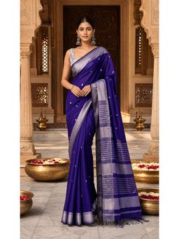 AMRUTKALA SAREES - Navy Blue Designer Banarasi Silk Kanjivaram Solid Saree with Unstitched Blouse