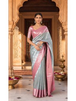 AMRUTKALA SAREES - Blue Designer Banarasi Silk Kanjivaram Solid Saree with Unstitched Blouse
