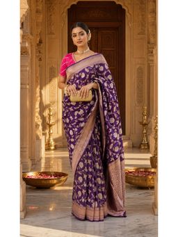 AMRUTKALA SAREES - Purple Designer Banarasi Silk Kanjivaram Solid Saree with Unstitched Blouse