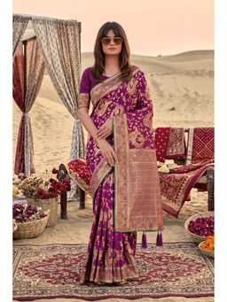 Monjolika Fashion - Purple Banarasi Style Silk Saree with Unstitched Blouse