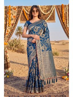 Monjolika Fashion - Blue Banarasi Style Silk Saree with Unstitched Blouse
