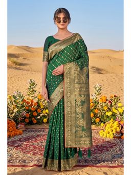 Monjolika Fashion - Dark Green Banarasi Style Silk Saree with Unstitched Blouse