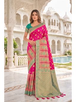 Monjolika Fashion - Bright Pink Banarasi Style Silk Saree with Unstitched Blouse