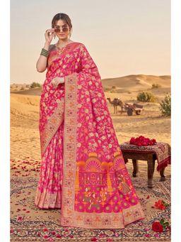 Monjolika Fashion - Rani Pink Banarasi Style Silk Saree with Unstitched Blouse