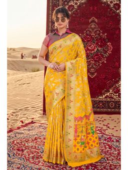 Monjolika Fashion - Yellow Banarasi Style Silk Saree with Unstitched Blouse