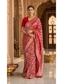 AMRUTKALA SAREES - Red Designer Banarasi Silk Kanjivaram Solid Saree with Unstitched Blouse