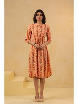 SAVI - Peach Cotton Printed A-Line Dress