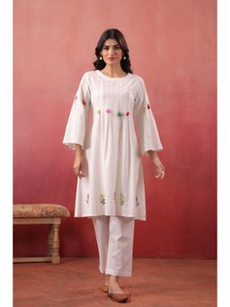 SAVI - White Cotton Embroidered Designer A-Line Kurta with Pant