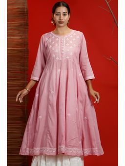 Shwet Heritage - Women Hand Embroidered Chikankari Peach Print Kurta