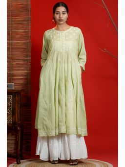 Shwet Heritage - Women Hand Embroidered Chikankari Peach Print Kurta