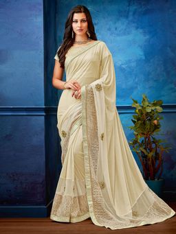 Odette - Off White Lycra Net Designer Saree with Unstitched Blouse