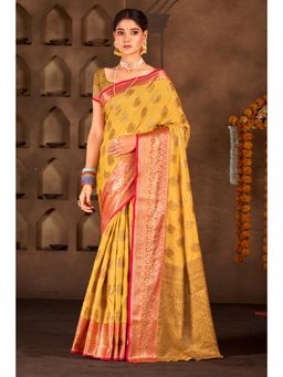 Sangam Prints - Yellow Cotton Woven Zari Work Traditional Saree with Unstitched Blouse
