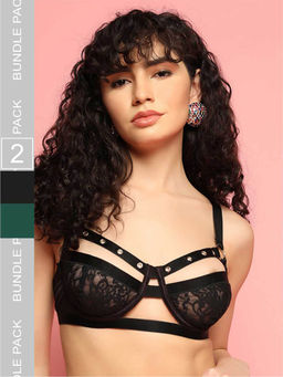 Da Intimo - Black & Green Rivet Design Underwired Bras (Pack of 2)