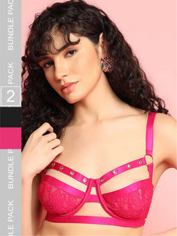 Da Intimo - Pink & Black Rivet Design Underwired Bras (Pack of 2)