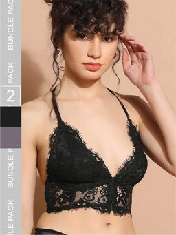 Da Intimo - Mauve & Black Front Open Delicate Lace Designer Back Bralette Bras (Pack of 2)