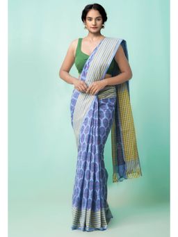 Unnati Silks - Blue Pure Hand Block Printed Mangalagiri Cotton Saree with Unstitched Blouse