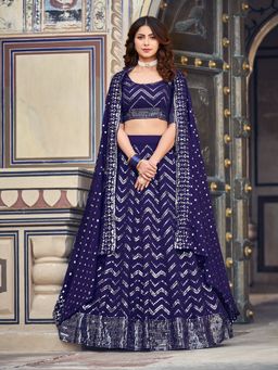 Pink Ethnic - Navy Blue Georgette Semi-Stitched Lehenga and Unstitched Blouse with Dupatta (Set of 3)