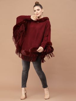 Mafadeny - Women Solid Long Sleeves Round Neck Viscose Maroon Poncho