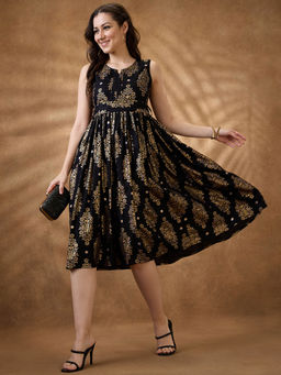 Globus - Women Black Motifs Midi A-Line Dress with Belt (Set of 2)