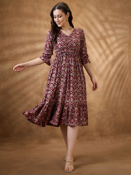 Globus - Women Burgundy Motifstie-Up Sleeves Frill Detail Tiered Midi A-Line Dress